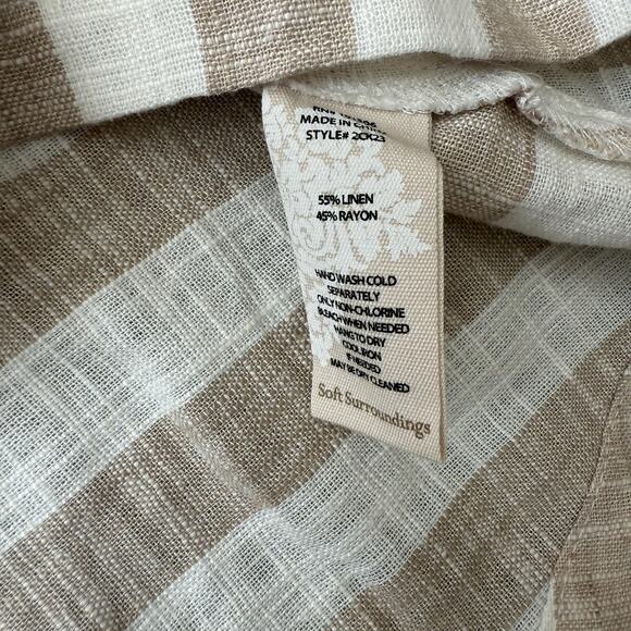 Soft Surroundings Shirt Womens Small Tan White Stripe Linen Blend 3/4 Sleeve - Picture 6 of 11
